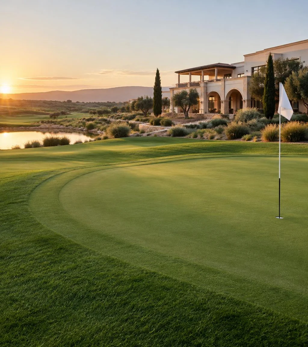 White flag on a resort putting green at sunrise