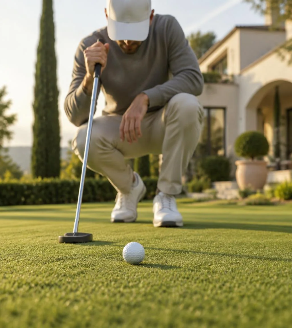 Golfer lining up a putt in a landscaped private villa garden