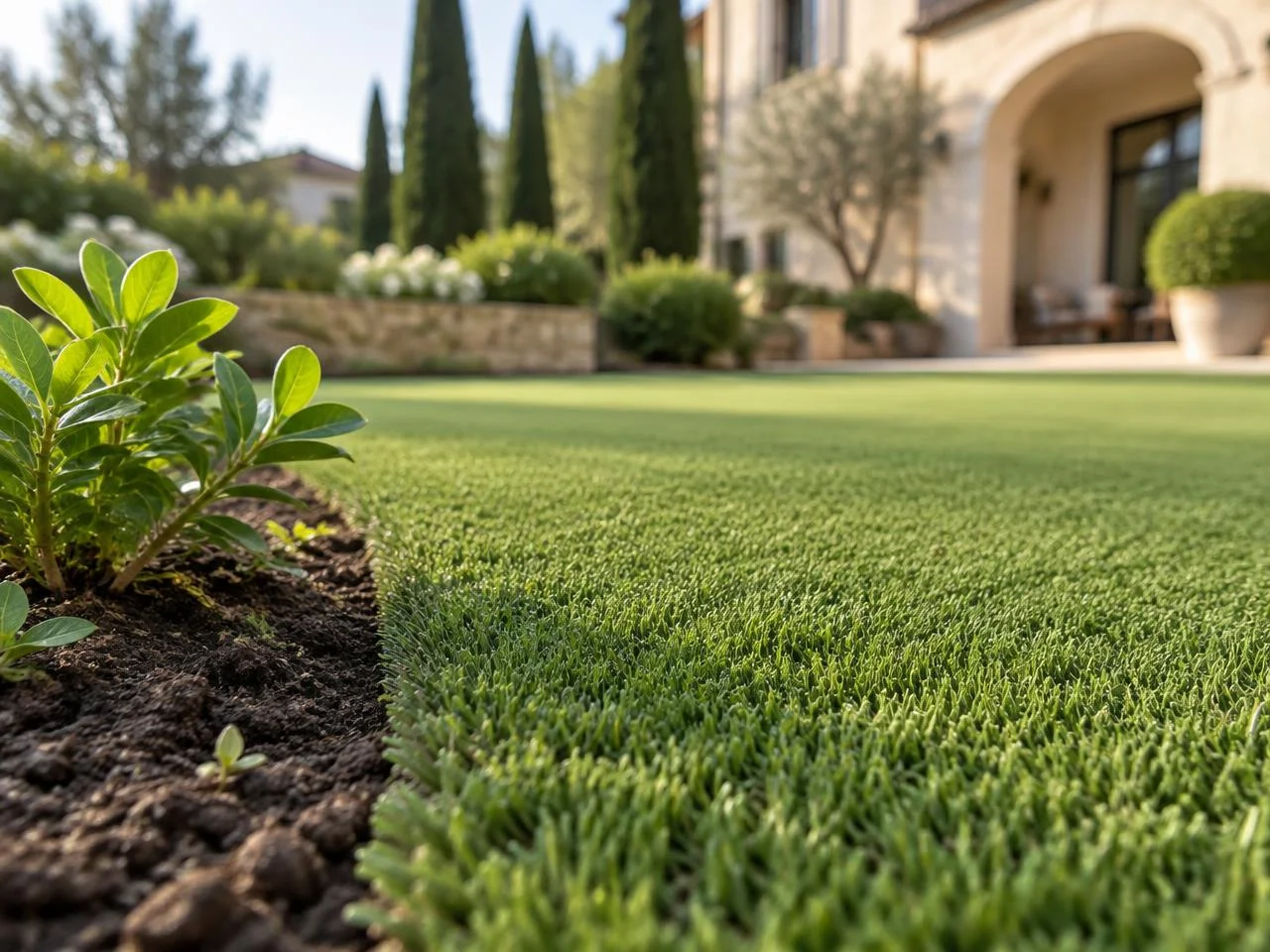 Putting turf fibers beside a small garden plant