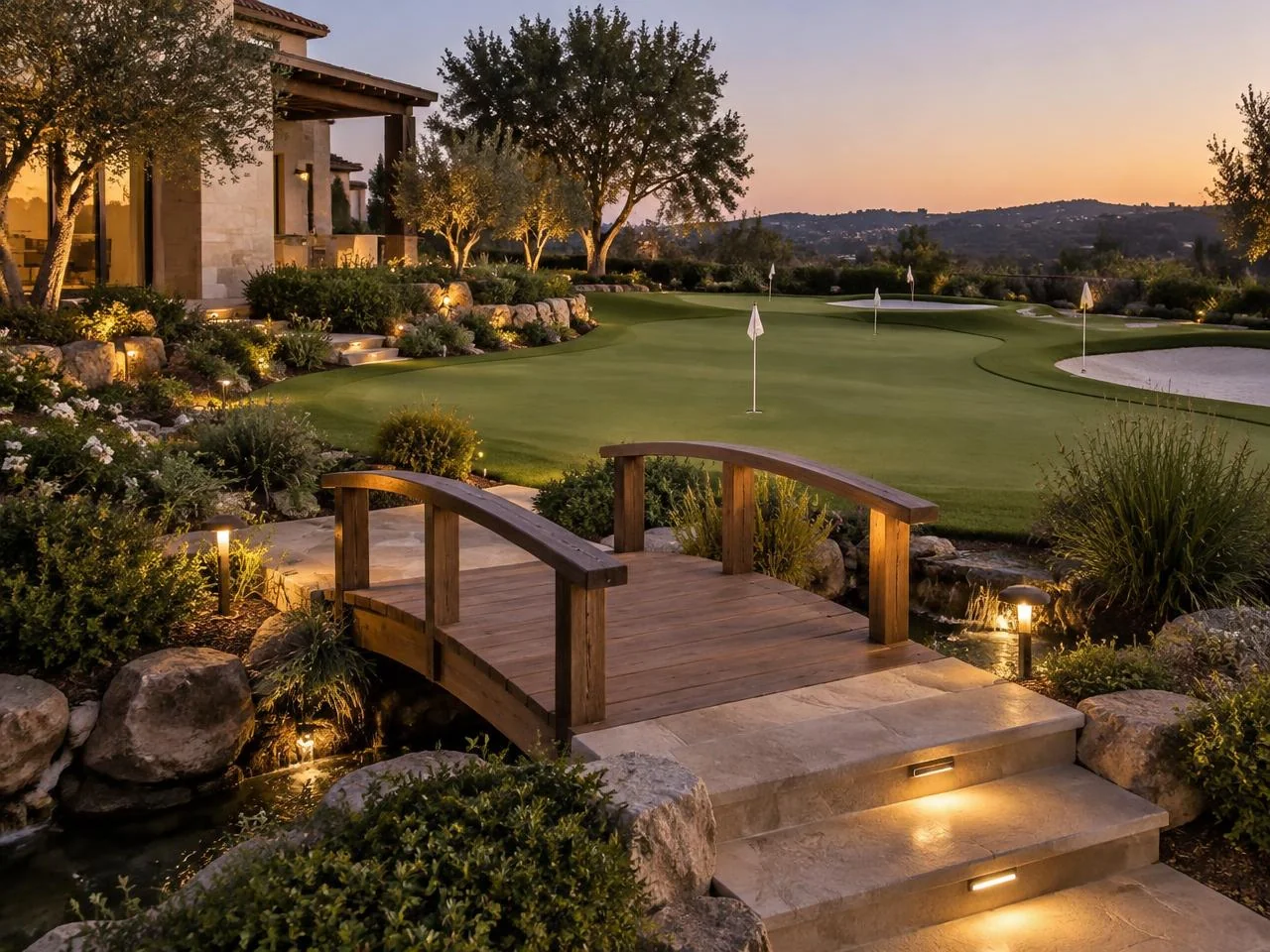 Wooden bridge, stone steps and lit putting course at dusk