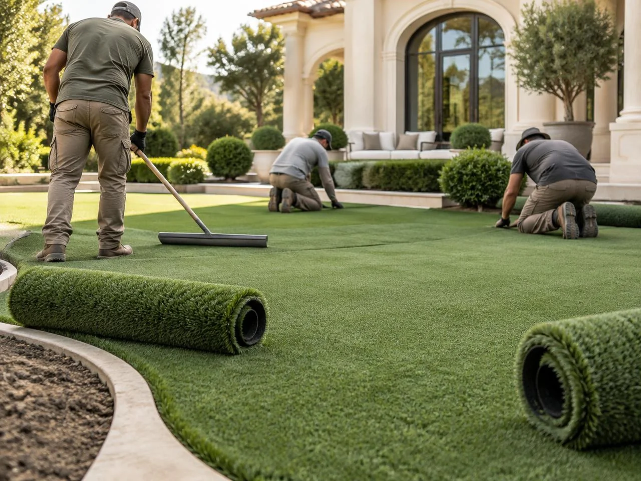Crew laying and leveling a garden putting green