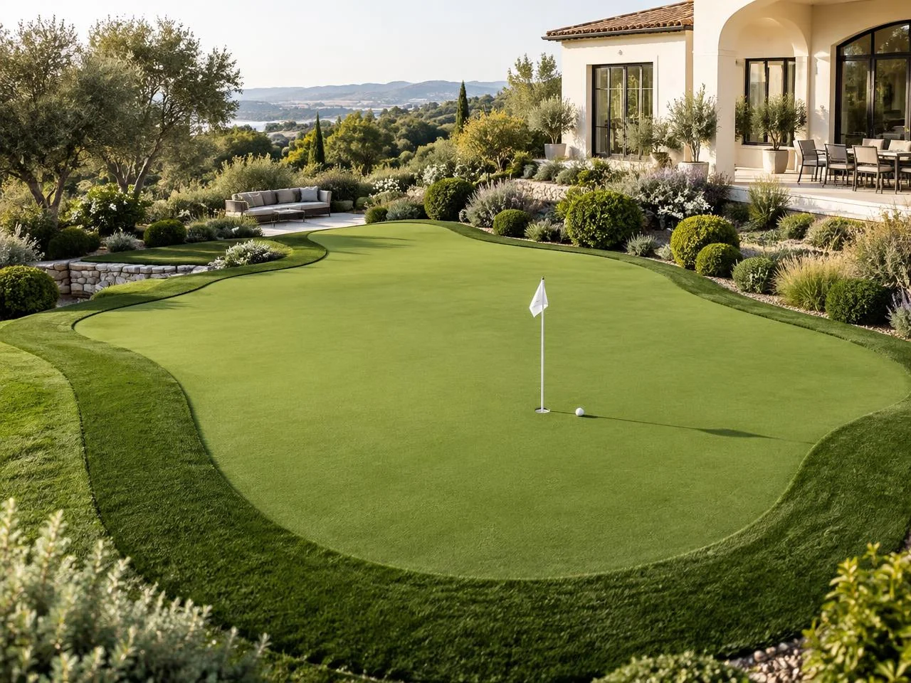 Even garden putting green with a white flag