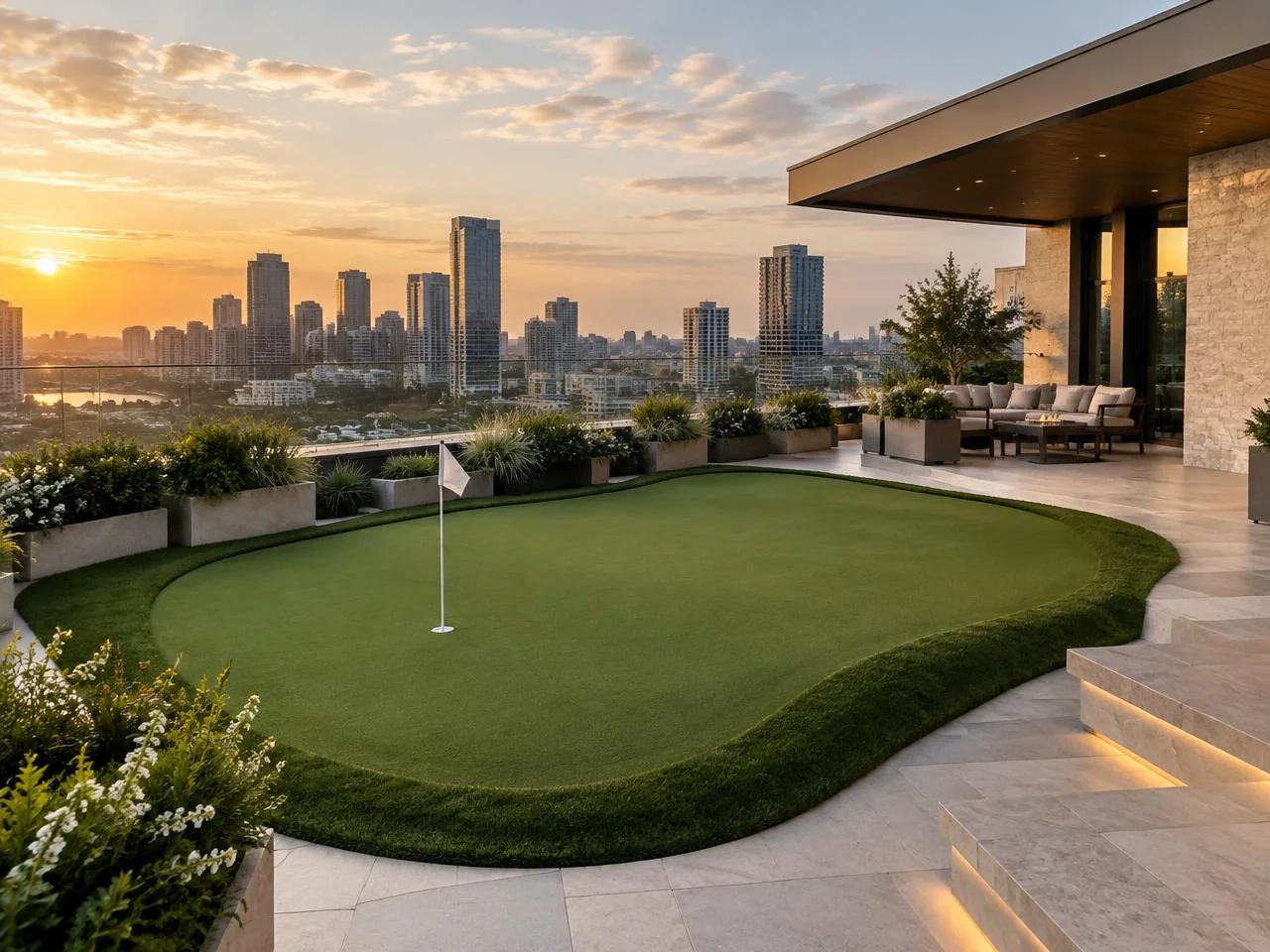 Rooftop putting green overlooking a city at sunset