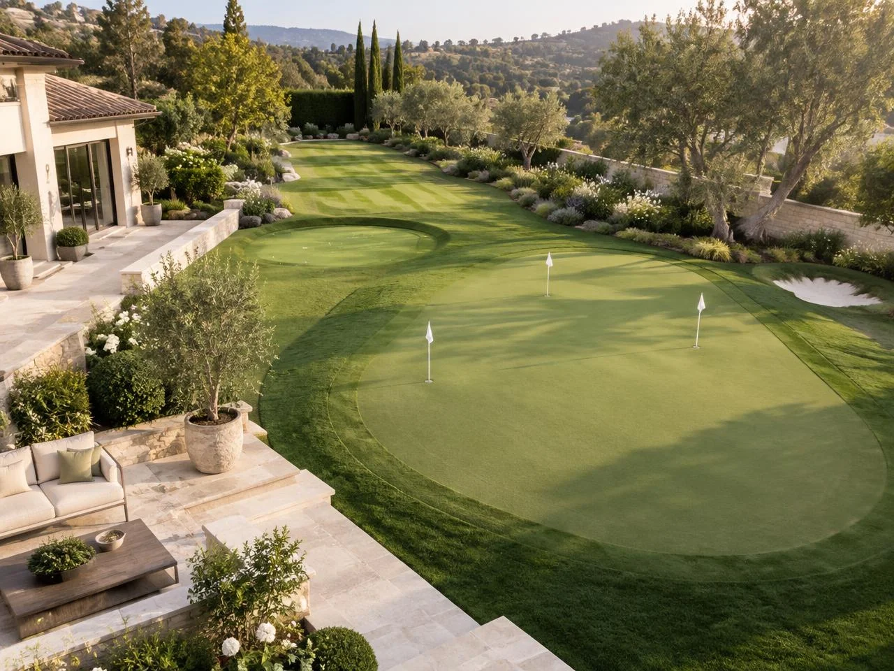 Garden putting green, fringe and fairway viewed from above