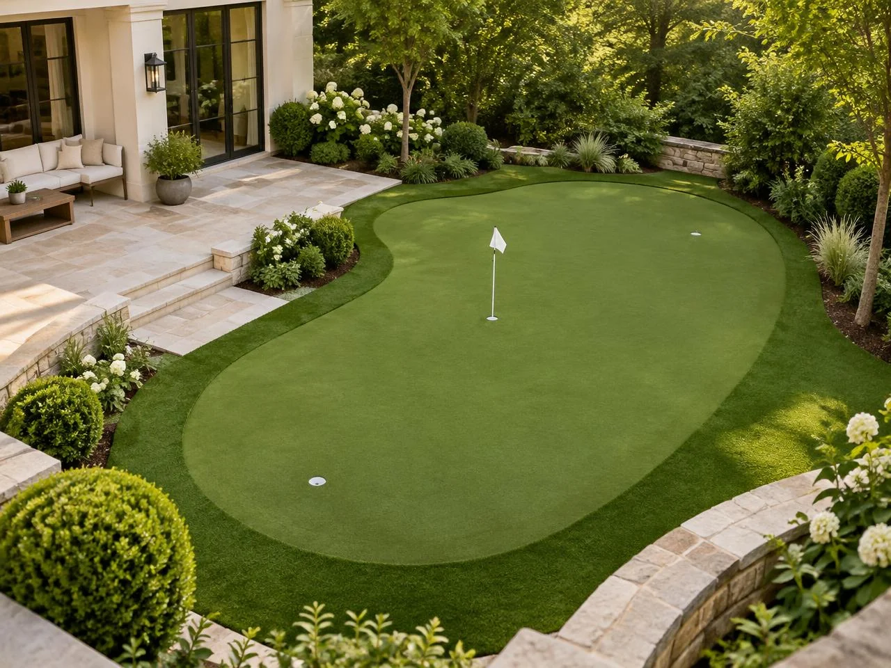 Aerial view of a shaped backyard putting green