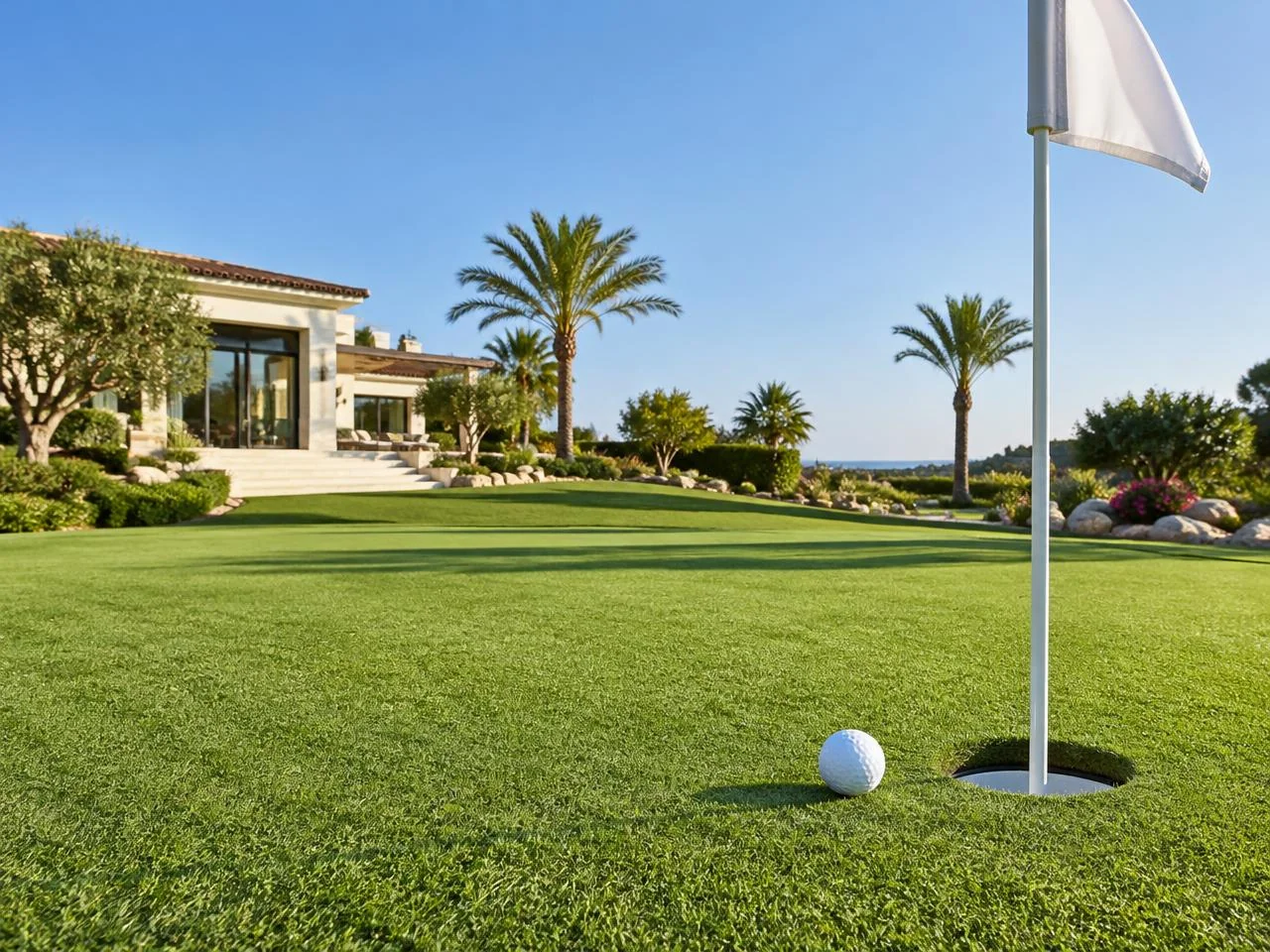 Sunlit putting green and white flag under blue sky