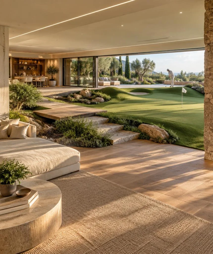 Golf lounge with a timber bridge, stone steps and putting green