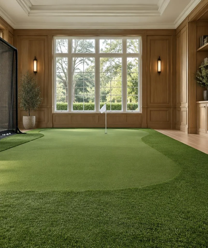 Indoor putting and chipping area in a sunlit practice room