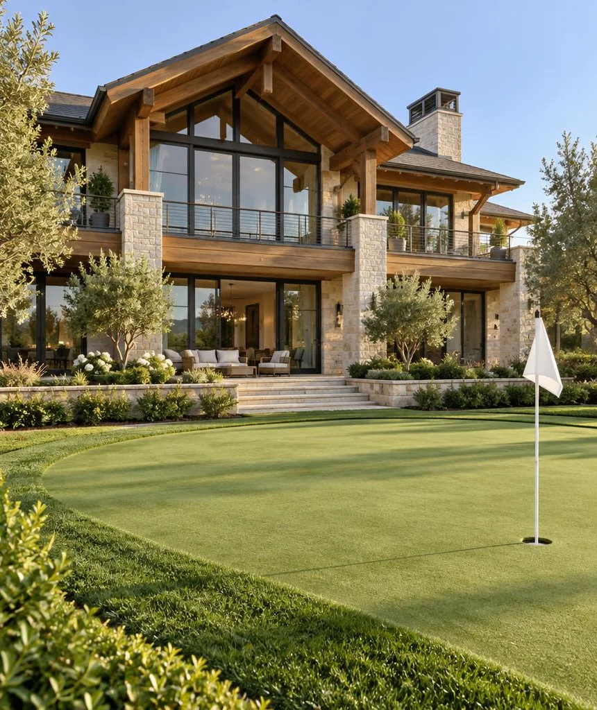 Putting green with a white flag beside a landscaped villa